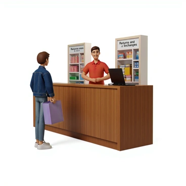 A customer with short brown hair and wearing a blue denim jacket stands at a 'Returns and Exchanges' desk in a store. The desk is made of polished wood and has a sign that reads "Returns and Exchanges" in bold letters. The customer holds a shopping bag in one hand and is looking at a store associate behind the desk. The associate, wearing a red polo shirt, is smiling and reaching for the bag. In the background, there are shelves stocked with various products, creating a busy retail environment.