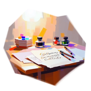 A calligraphy workstation featuring a wooden desk adorned with various calligraphy nibs and a traditional ink bottle filled with black ink. There are elegantly designed practice sheets spread across the desk, showcasing intricate lettering and decorative flourishes. A soft, warm light illuminates the scene, reflecting off the polished surface of the desk, creating a cozy atmosphere. In the background, there is a small, neatly stacked collection of different colored inks and parchment, adding to the artistic ambiance of the workspace.