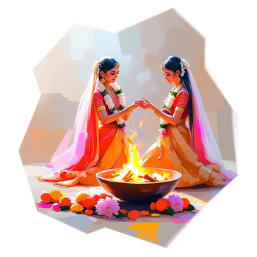 A modern Indian bride with a radiant smile stands beside a ceremonial fire. She is adorned in a beautifully embellished red and gold lehenga, with intricate patterns and delicate beadwork. Her long hair is styled elegantly, cascading down her back, adorned with fresh flowers. The ceremonial fire has flames gently flickering, casting a warm glow on her face. Surrounding her are traditional decorations, including floral garlands and colorful fabrics draped artfully. The atmosphere is rich with festive energy and cultural significance.