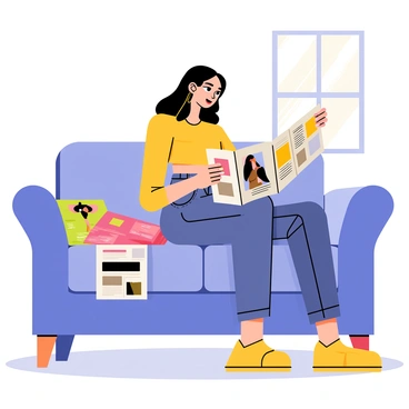 A girl sitting on a blue couch, flipping through a colorful fashion magazine. She has long brown hair styled in loose waves. She wears a trendy outfit consisting of a bright yellow crop top and high-waisted denim jeans. Several fashion magazines are scattered around her on the couch. Sunlight filters through a nearby window, casting soft shadows on the floor.