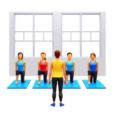 A group of five individuals in knee plank position on exercise mats. Each participant has a different athletic outfit, showcasing a variety of colors such as blue, red, and black. The instructor stands in front, demonstrating the correct form, wearing a bright yellow tank top and black leggings. The participants appear focused and determined, with some looking at the instructor for guidance. The background features a bright gym environment with large windows allowing natural light to illuminate the space.