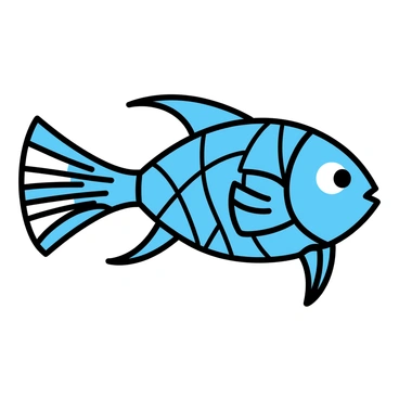 A blue fish, featuring smooth curves and sharp angles, adorned with geometric shapes and patterns in various shades of blue. The fish has large, expressive eyes and elegant fins extending outward with intricate line work. The body of the fish showcases a mosaic of triangles and circles, creating a visually striking composition.