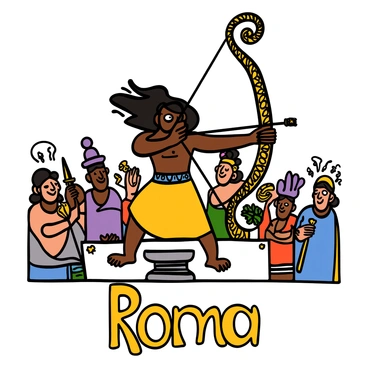 A young man with dark skin and long, flowing hair is depicted in the moment of breaking a large, ornate bow, symbolizing great strength and determination. He is wearing traditional attire, including a dhoti and a decorative shawl. The bow itself is intricately designed with carvings and embellishments, resting on a pedestal as he pulls back the string with all his might. Surrounding him are onlookers, including royal figures and attendants, showing expressions of surprise and admiration. A beautiful backdrop features floral decorations and colorful fabrics, enhancing the atmosphere of Sita's swayamvara. In the foreground, "Rama" is prominently displayed to signify his strength and bravery in this pivotal moment.