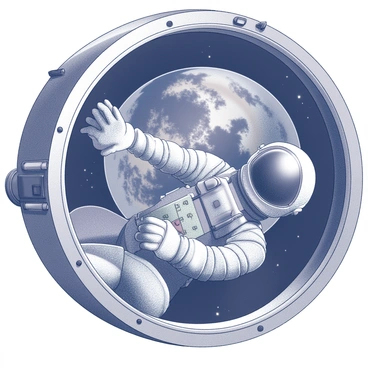 An astronaut in a spacesuit is floating inside a spacecraft. The interior features control panels and buttons, indicating a high-tech environment. The astronaut's helmet reflects some of the spacecraft's interior lights. Through a large window, the planet Earth is clearly visible, displaying its continents and cloud formations. The view provides a stunning contrast between the blackness of space and the vibrant colors of the Earth. The scene captures a sense of isolation and exploration in the vastness of space.
