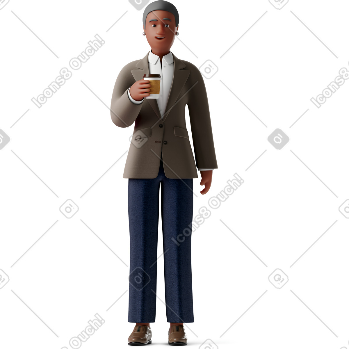 Ilustración Vieja mujer de negocios parada con una taza café papel y sonriendo en estilo 3D Business a descargar en PNG SVG