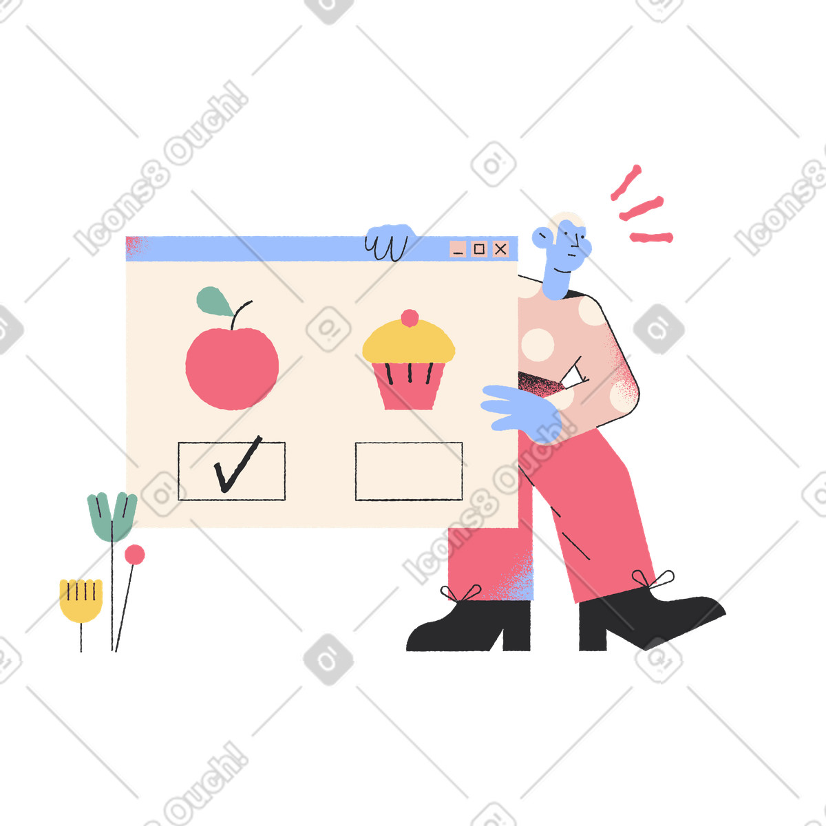 Browser-tab mit gesundem produkt und einem mann-Illustration im Pablo-Stil als Download in PNG, SVG