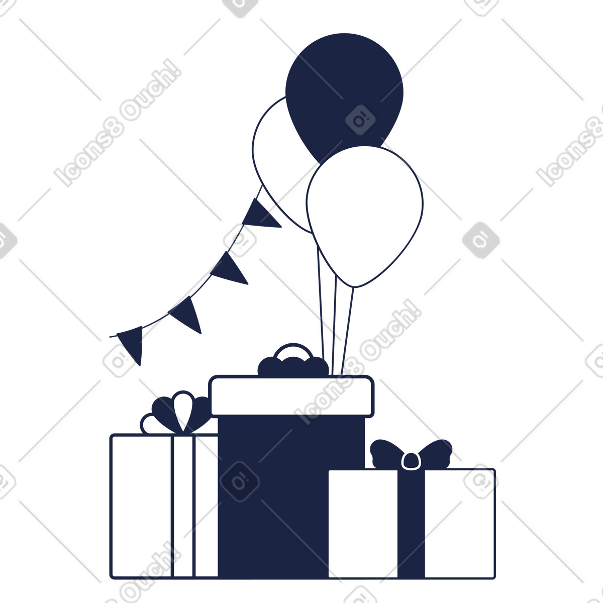 Geburtstagsgeschenke, luftballons und bänder-Illustration im Urban Line-Stil als Download in PNG, SVG