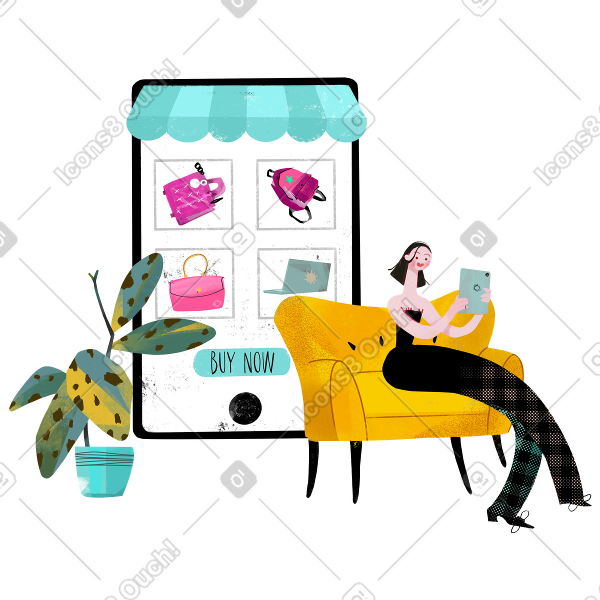 Person on sofa browsing products tablet, mobile shopping at online store-Illustration im Fabulous-Stil als Download in PNG, SVG