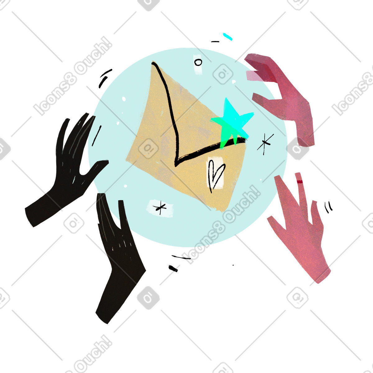 下载 Fabulous 风格的 Hands reaching for envelope in transparent sphere, Online messaging and positive feedback 插画，支持 PNG、SVG 格式