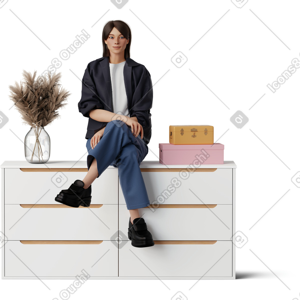 Illustration Jeune femme assise sur une commode dans le style 3D Hygge à télécharger aux formats PNG, SVG