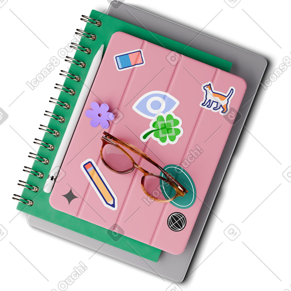 Glasses on top of tablet notebook and laptop illustration in 3D Hygge style download in PNG, SVG