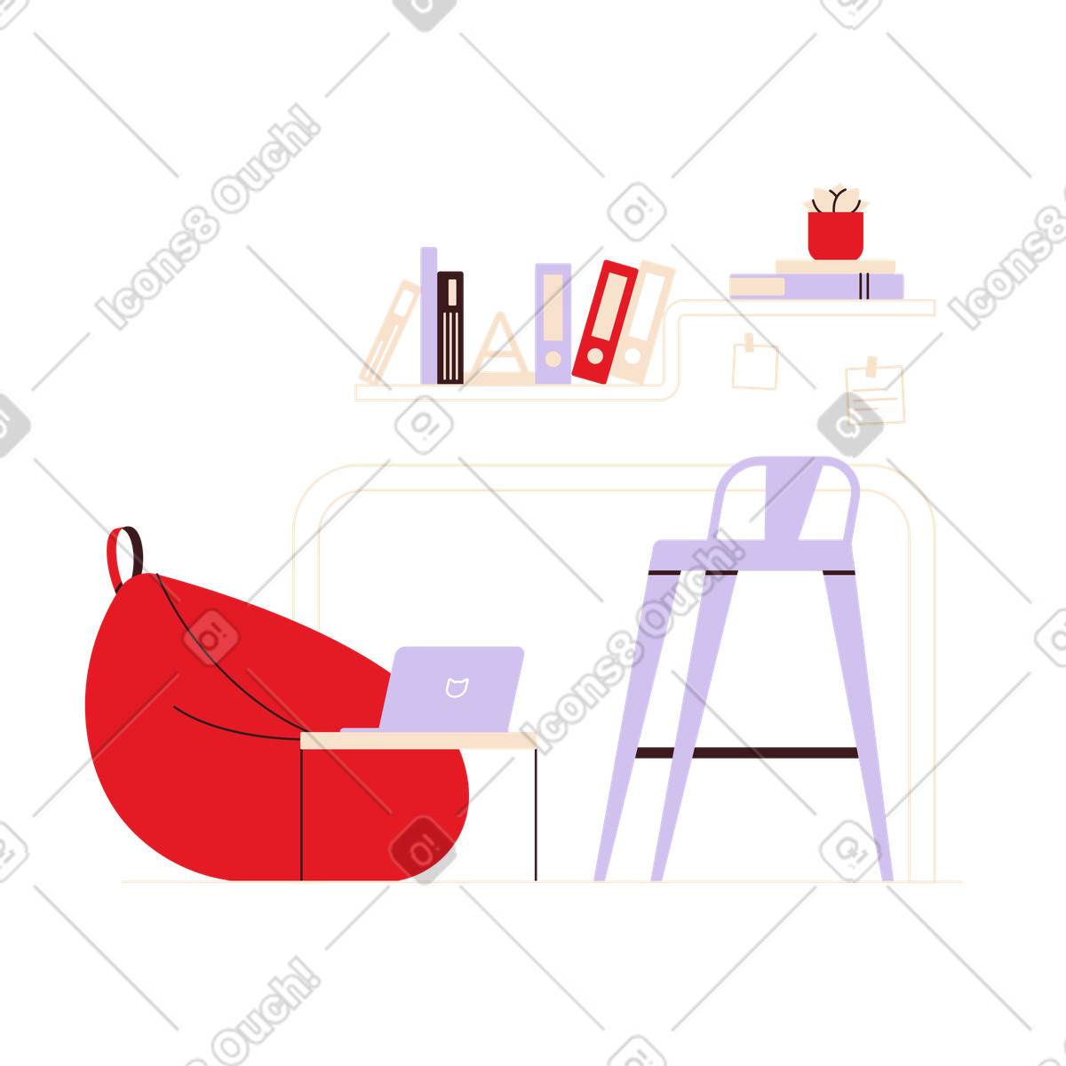 Coworking workplace with bean bag chair illustration in Folks style download in PNG, SVG