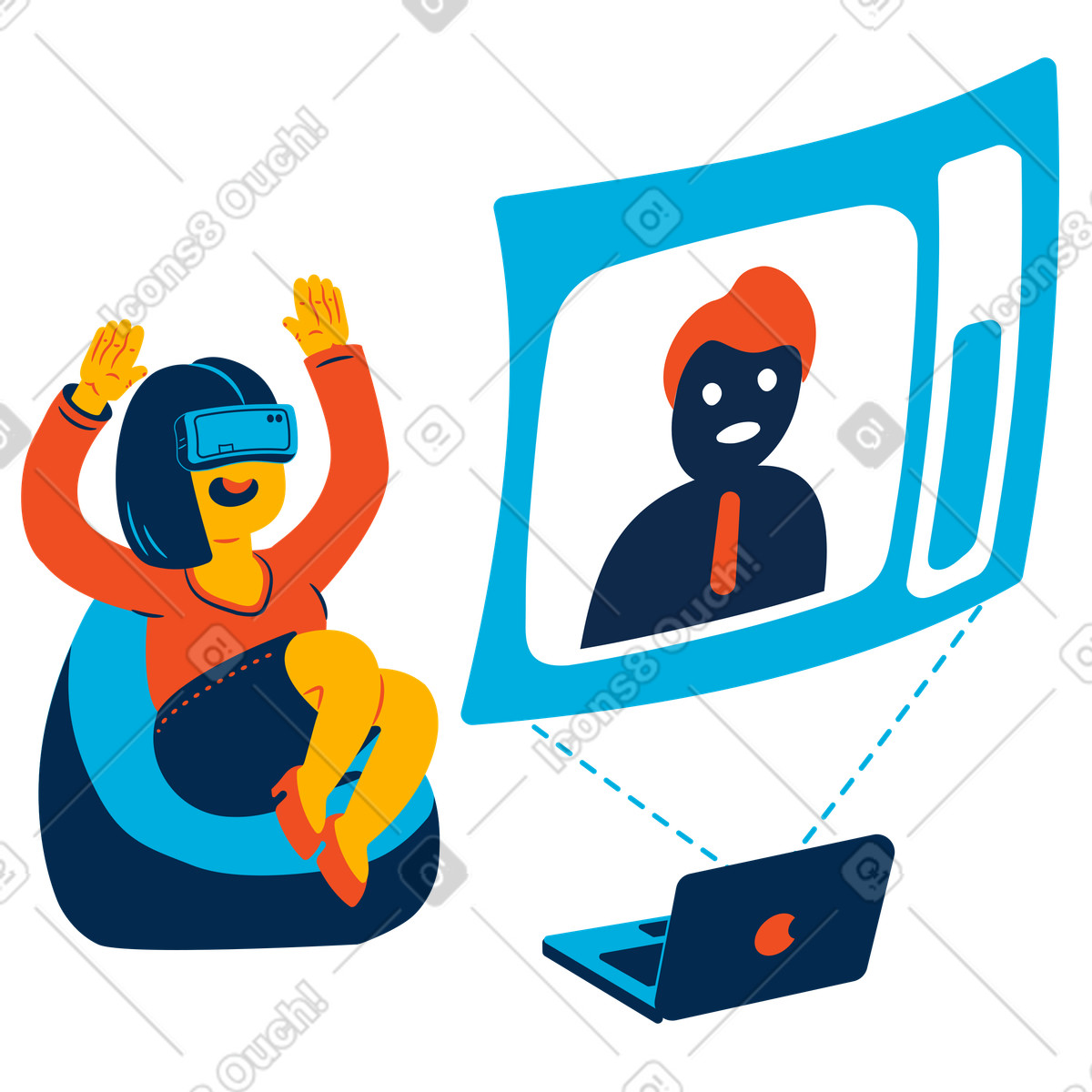 Donna che usa il visore vr durante una chiamata di lavoro illustrazione in stile Flame scarica in PNG, SVG
