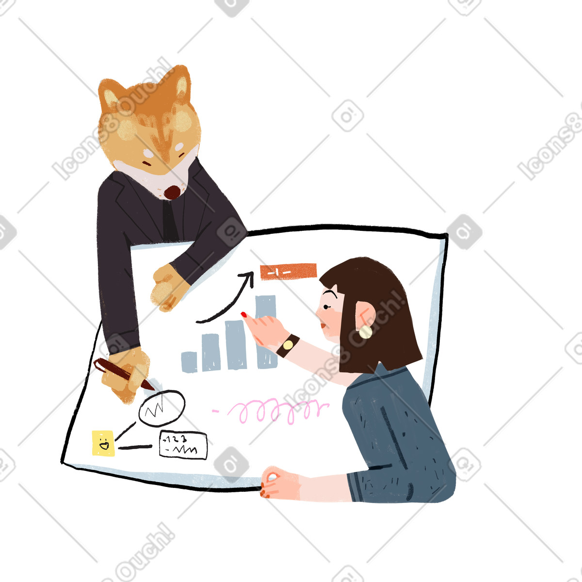 Personaggi che discutono di business plan e analisi illustrazione in stile Ikigai scarica in PNG, SVG