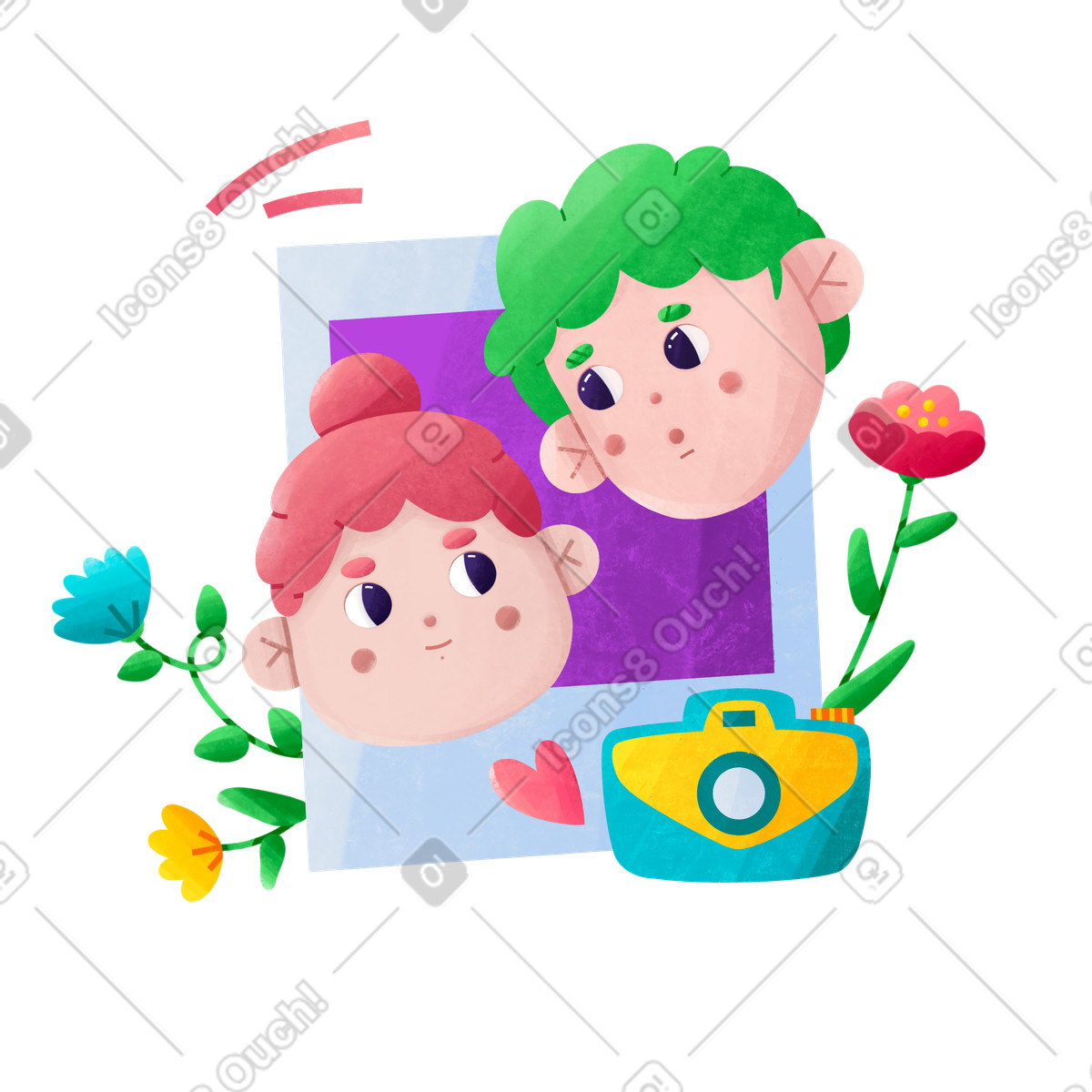 Couple in photo frame with flowers and camera, Valentine’s day greeting card-Illustration im Bonbon-Stil als Download PNG, SVG