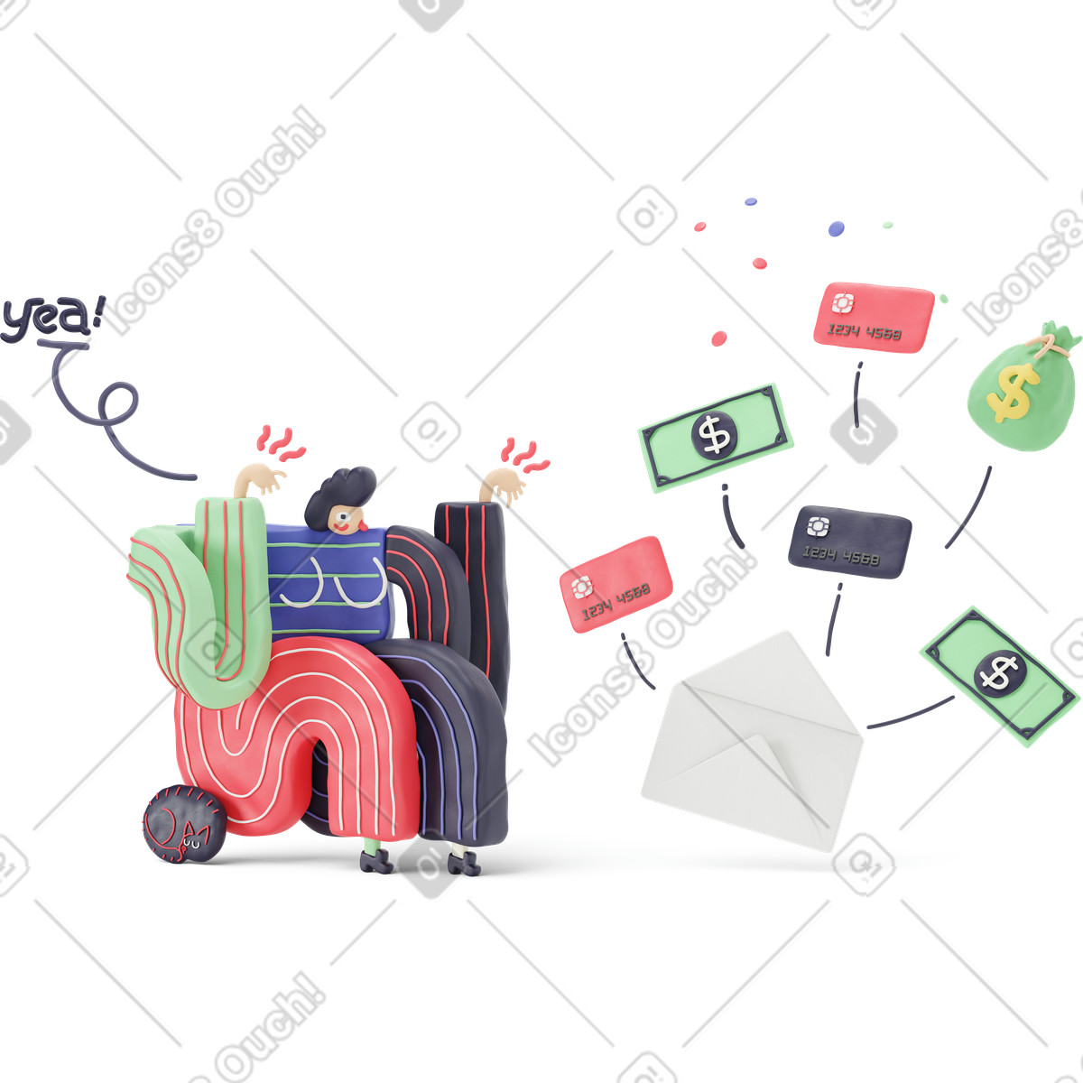 3D Stripy 스타일의 다양한 재정적 유혹에 대해 신나게 생각하는 여성 일러스트레이션 PNG, SVG 다운로드