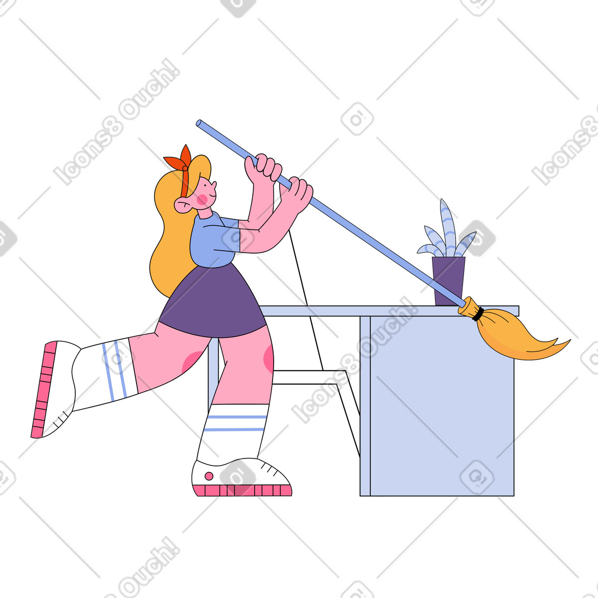 Commercial cleaner with a broom cleaning office illustration in Bloom style download in PNG, SVG
