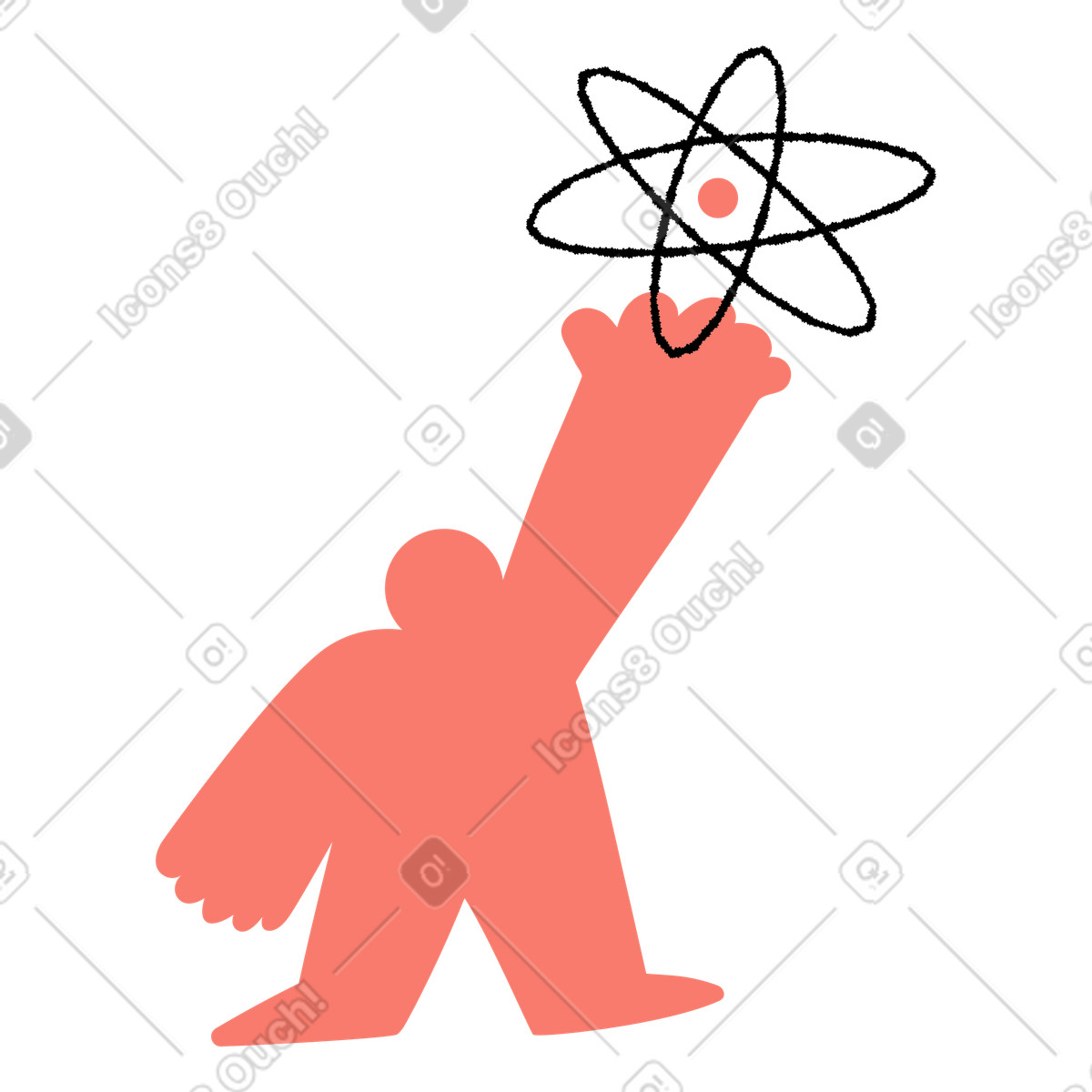 Illustration Atom held high by abstract character celebrating science achievement dans le style Bold People à télécharger aux formats PNG, SVG