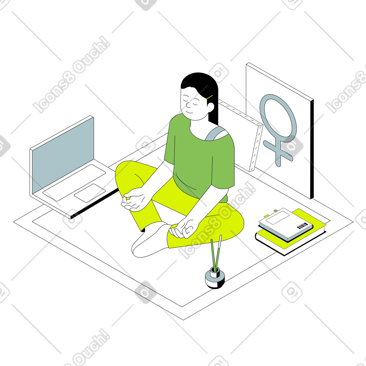 Frau, die zu hause meditiert-Illustration im Isometric-Stil als Download in PNG, SVG