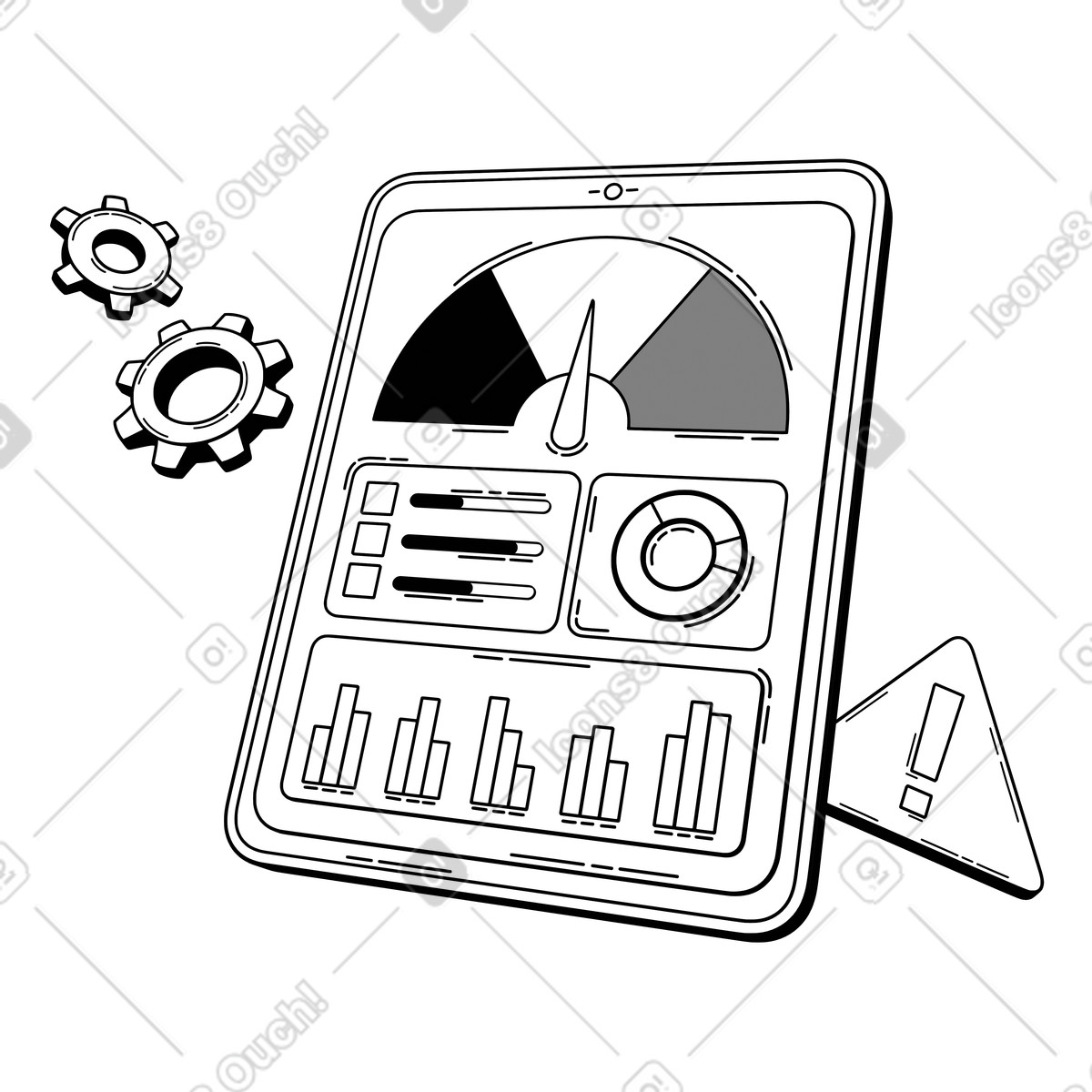 Interfaccia dashboard su tablet con segnale di avvertimento, valutazione del rischio e monitoraggio illustrazione animata in stile 3D Techny Line scaricabile in GIF, Lottie (JSON), AE