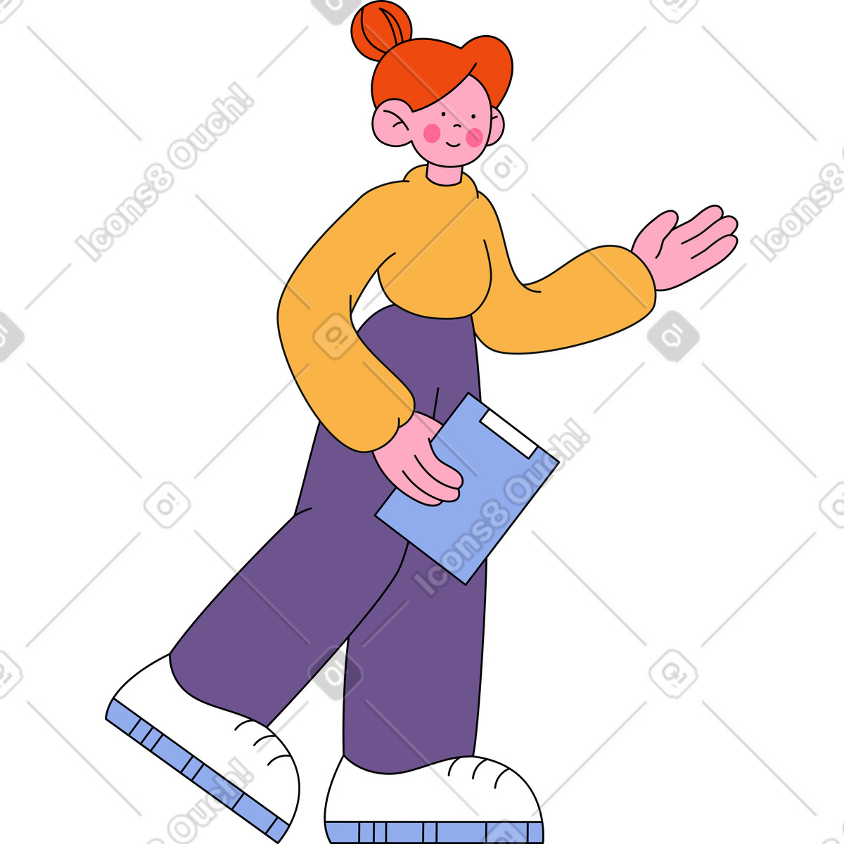 Woman is holding a clipboard and pointing at something illustration in Bloom style download in PNG, SVG