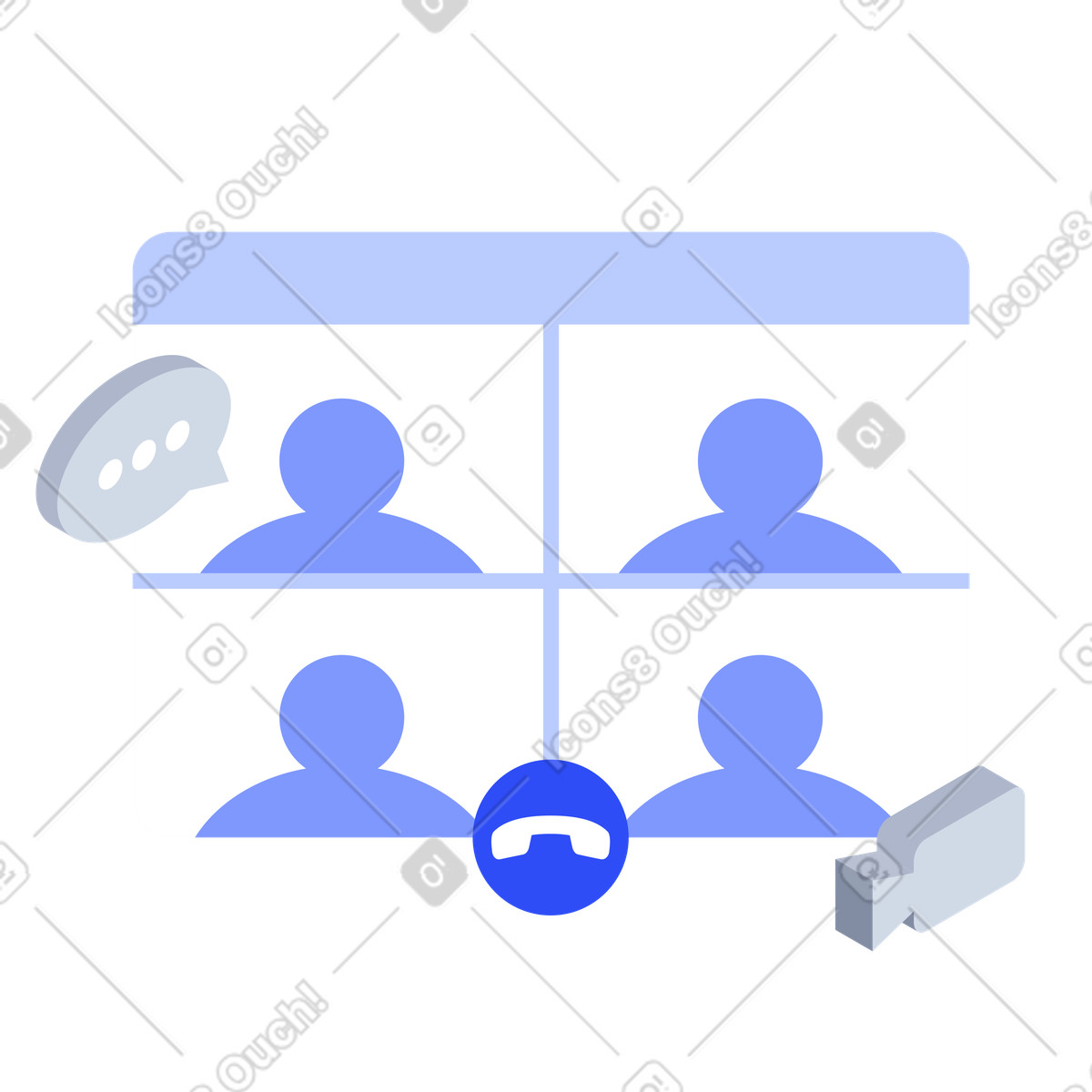 Group video call interface, remote team meeting and collaboration illustration in System style download in PNG, SVG