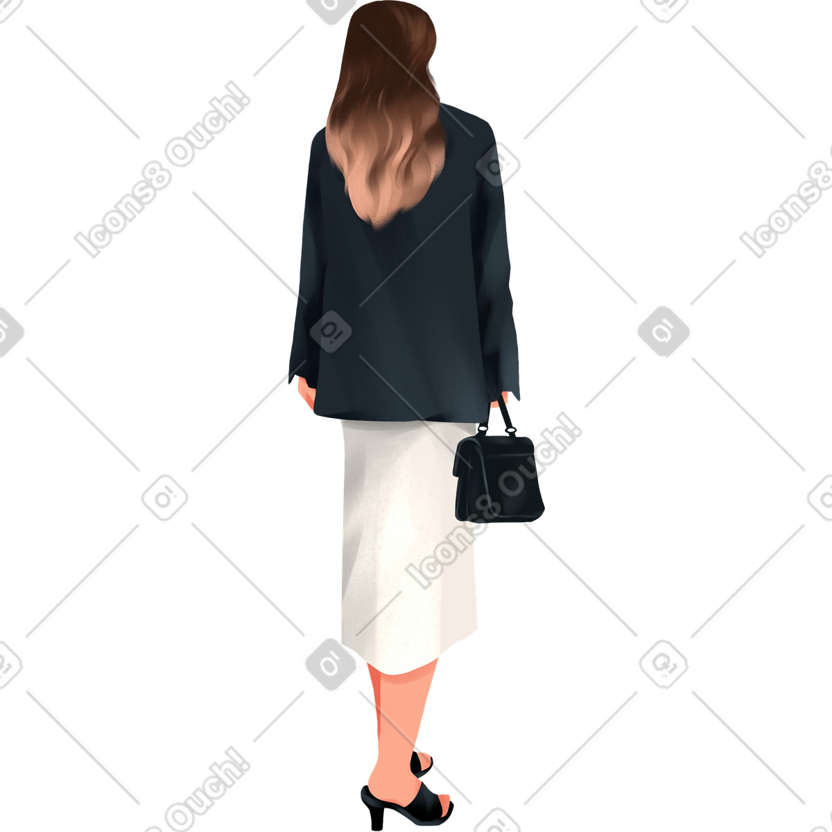 Ilustração de Vista traseira uma mulher jaqueta preta em no estilo Demure para baixar em PNG, SVG