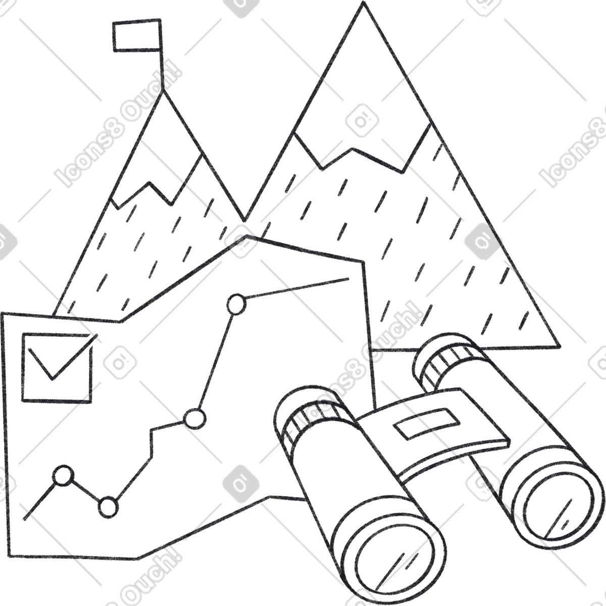 Ilustração de Mapa com binóculos nas montanhas em no estilo Bonbon Line para baixar em PNG, SVG