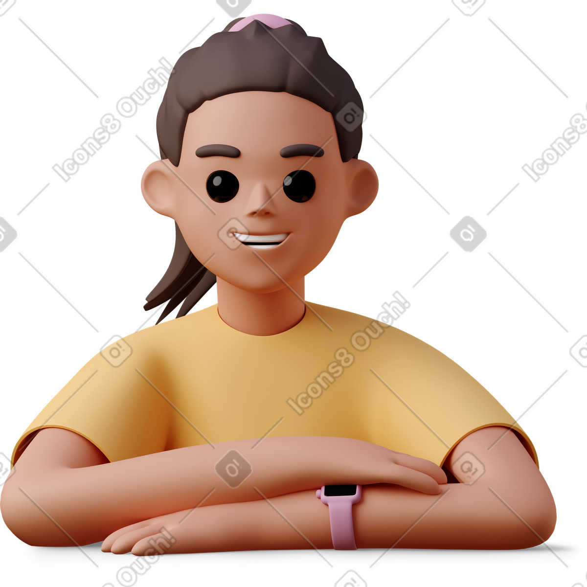 Illustration Young woman smiling and leaning on her hand dans le style 3D Casual life à télécharger aux formats PNG, SVG