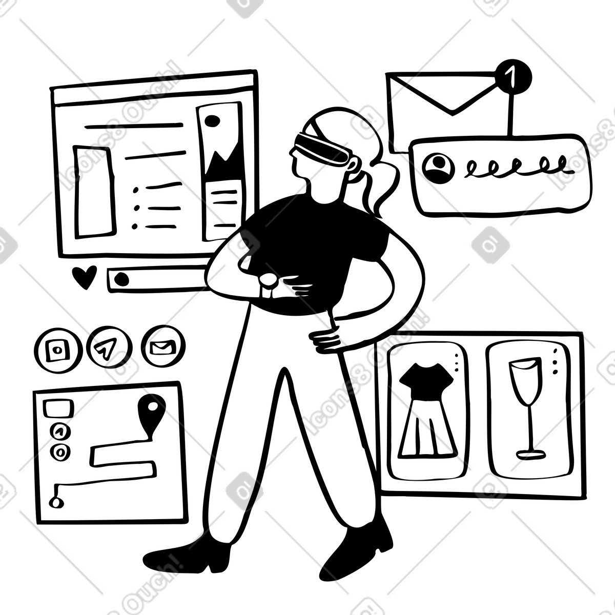Woman using modern vr and ai technology and apps to navigate her life illustration in Journal style download in PNG, SVG