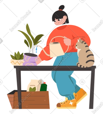 Girl with a cat takes care of houseplants and waters them PNG, SVG