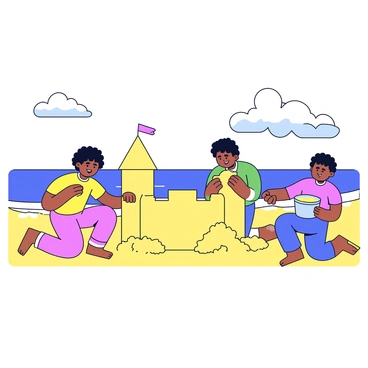 A group of three friends working together to build a sandcastle on a bright, sunny beach. One friend is kneeling down, carefully shaping a tall turret made of sand, while another friend, standing nearby, is holding a colorful plastic bucket filled with sand. The third friend is filling a mold with sand to create a wall for the castle. In the background, gentle waves are rolling in towards the shore, reflecting the sunlight. The sky is clear with a few fluffy white clouds.
