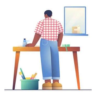 A craftsman with medium skin and short black hair is standing at a wooden table, using sandpaper to smooth its surface. He is wearing a plaid shirt with rolled-up sleeves and denim jeans. His focused expression shows concentration as he works. The table has visible grains and a warm brown color, with sawdust scattered around it. A toolbox sits on the floor beside him, containing various woodworking tools. Bright light is coming from a nearby window, illuminating the workspace.