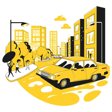 A yellow sedan driving through a rain-soaked city street. The car is reflecting the light from street lamps, while raindrops are splattering on the windshield. Puddles form on the pavement, showing ripples as the water falls. Tall buildings line the street, with windows reflecting the light and grey clouds overhead. People with umbrellas are walking along the sidewalk, while headlights from other vehicles create a blurred effect in the wet environment.