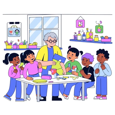 An elderly person with gray hair and glasses is standing at a worktable in a colorful workshop. They are surrounded by children eagerly watching and participating. The workshop is filled with various crafting materials like colored paper, scissors, glue, and yarn, all organized in bright containers. The walls are decorated with children's artwork and posters of crafting techniques. The elderly person is demonstrating how to fold paper, while the children are holding their own pieces and smiling with excitement. Sunlight streams through a window, illuminating the vibrant colors of the scene.