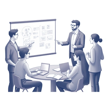 A group of five colleagues gathered around a large whiteboard. They are engaged in a lively discussion, with some standing and others seated at a table. One colleague is holding a marker and writing down ideas on the board, while another is pointing towards a specific section on the whiteboard, illustrating their thoughts. The expressions on their faces convey focus and excitement. Various sketches and notes are visible on the whiteboard, showcasing a range of ideas being generated. A few notebooks and laptops are spread out on the table, indicating an active brainstorming session.