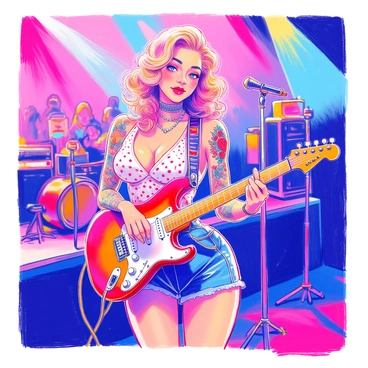 A pin-up girl stands confidently on stage with an electric guitar slung over her shoulder. She has vibrant red lipstick and her hair styled in classic pin-up curls. Her outfit consists of a fitted polka dot top and high-waisted shorts, accentuating her figure. Her tattoos are vividly illustrated, showcasing intricate designs that are illuminated by the colorful stage lights. The background features a subtle hint of the stage setup with microphones and amplifiers, while the audience is blurred, focusing attention on her performance.