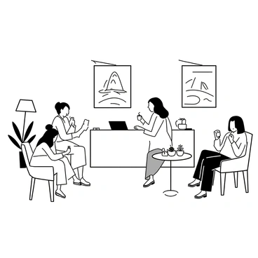 A reception area designed for a spa, featuring a front desk made of polished wood. Soft lighting emanates from strategically placed lamps, creating a warm atmosphere. Guests are seated in comfortable chairs, some sipping on herbal tea, while others enjoy fresh fruit displayed on a wooden table. Decorative plants are placed in the corners, adding a touch of nature to the space. The walls are adorned with tranquil artwork depicting serene landscapes. A soothing water fountain is visible in the background, enhancing the relaxing ambiance.