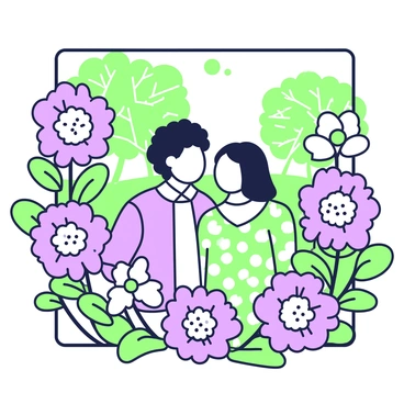 A variety of flowers in different shapes and sizes are arranged in a frame around two friends. The flowers are prominently displayed with green stems and leaves. The friends are standing close together and laughing, capturing a moment of joy. One friend has curly hair and is wearing a light-colored shirt, while the other has straight hair and is wearing a patterned dress. In the background, there are trees providing shade in a sunny park, with the sunlight filtering through the leaves, creating a bright atmosphere.