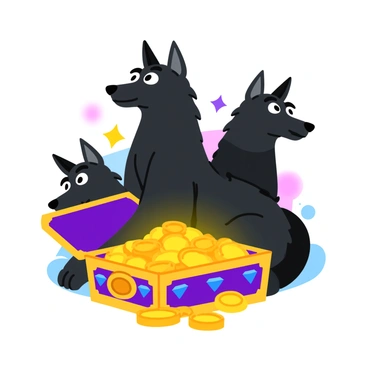 A three-headed Cerberus with sleek, dark fur is sitting calmly. Each head has bright, piercing eyes that shine with a hint of intelligence. The creature is surrounded by an ethereal glow that radiates softly, illuminating the area around it. In front of Cerberus rests a mystical treasure chest, intricately designed with ornate patterns and colorful gemstones embedded in its surface. The chest has a slightly ajar lid, revealing a glimpse of shimmering gold coins and sparkling jewels inside. The scene conveys a sense of guardianship and wonder.