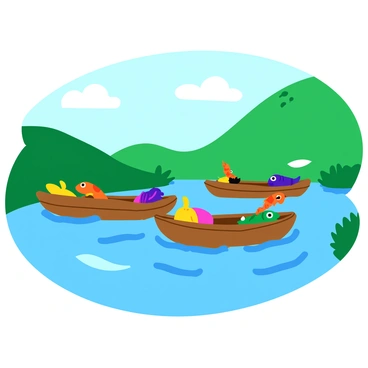 A series of small, raft-like vessels constructed from weathered driftwood float on a gentle stream. Each raft carries an array of colorful fish, some leaping playfully above the water's surface. The stream is lined with lush greenery, and sunlight glistens off the water, casting reflections of the rafts. In the background, soft hills rise gently, creating a peaceful and natural setting.