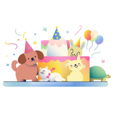 A group of cute animals wearing party hats gathered around a cake