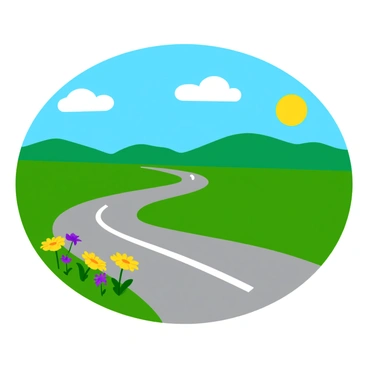 A scenic rural interstate highway stretches across the image, flanked by bright green open fields and rolling hills in the background. The highway features a smooth, gray pavement that curves gently into the distance. Alongside the road, there are vibrant wildflowers in hues of yellow and purple, adding splashes of color to the landscape. In the foreground, a few fluffy white clouds drift across a clear blue sky, casting soft shadows on the ground. The sun shines brightly, illuminating the entire scene.