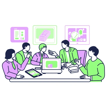 A group of directors is gathered around a large table, engaged in a discussion about future technologies. Each director has a unique hairstyle and is wearing professional attire. On the table, there are various innovative gadgets, including a holographic projector displaying a 3D model, a tablet with a glowing interface, and smart glasses resting beside a stack of reports. Walls in the background are adorned with posters showcasing advancements in technology and futuristic concepts. Some directors are pointing at the gadgets while others are taking notes, showcasing their active participation in the conversation.