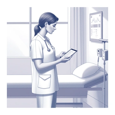 A nurse stands in a modern hospital room, focused on a tablet in her hands. She has shoulder-length hair tied back, and she is wearing a crisp white uniform with a name badge visible. The tablet screen displays patient records, and her expression shows concentration as she updates the information. The room is equipped with advanced medical equipment, including a heart monitor and IV stand. Light streams in through a window, illuminating a chart hanging on the wall. A comfortable patient bed is positioned in the background, with fresh linens neatly arranged.