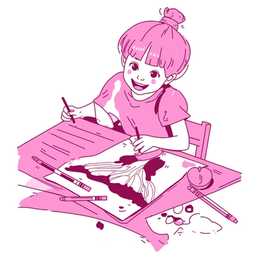 A child joyfully coloring a fashion illustration with crayons and markers.