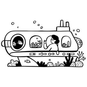 A submarine with a large round porthole is shown underwater. Inside, a man with glasses is intently observing the scene outside. Vibrant coral reefs and various marine creatures, such as fish and sea turtles, are visible through the porthole. The submarine is detailed with control panels and equipment lining the walls. Bubbles are rising around the porthole, adding to the underwater ambiance.