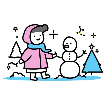 A small figure of a Polly Pocket, dressed warmly in a colorful winter outfit featuring a bright pink coat and a blue scarf, is playing in a snowy mini winter wonderland. The scene is filled with miniature snow-covered trees and tiny decorative elements like shimmering snowflakes. Next to her stands a tiny snowman, made of white snow with a small carrot nose and pebble eyes, all set against a backdrop of soft, white snow.