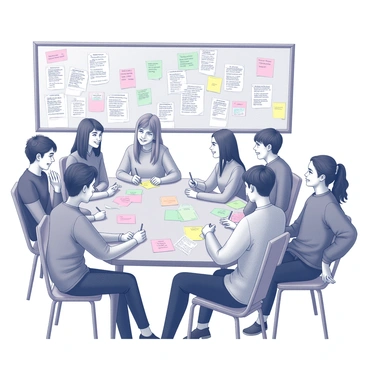 A group of students sitting together at a large table in a school cafeteria. Each student is focused on writing notes on small pieces of colorful paper. Some notes contain phrases like "You matter" and "Be kind." Several students are smiling as they share their thoughts while discussing the messages they are writing. In the background, a bulletin board displays previously shared notes and encouraging words about acceptance. The atmosphere conveys a sense of togetherness and positivity as students participate in the campaign.