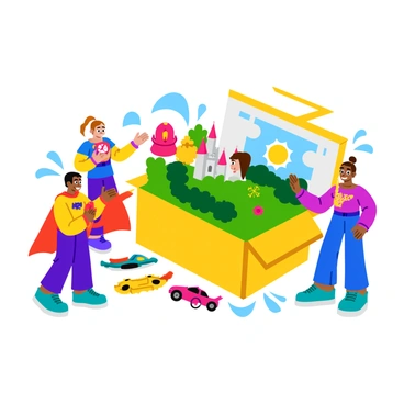 Kids interacting with an illustration box that has various cutout characters and backgrounds to play with.